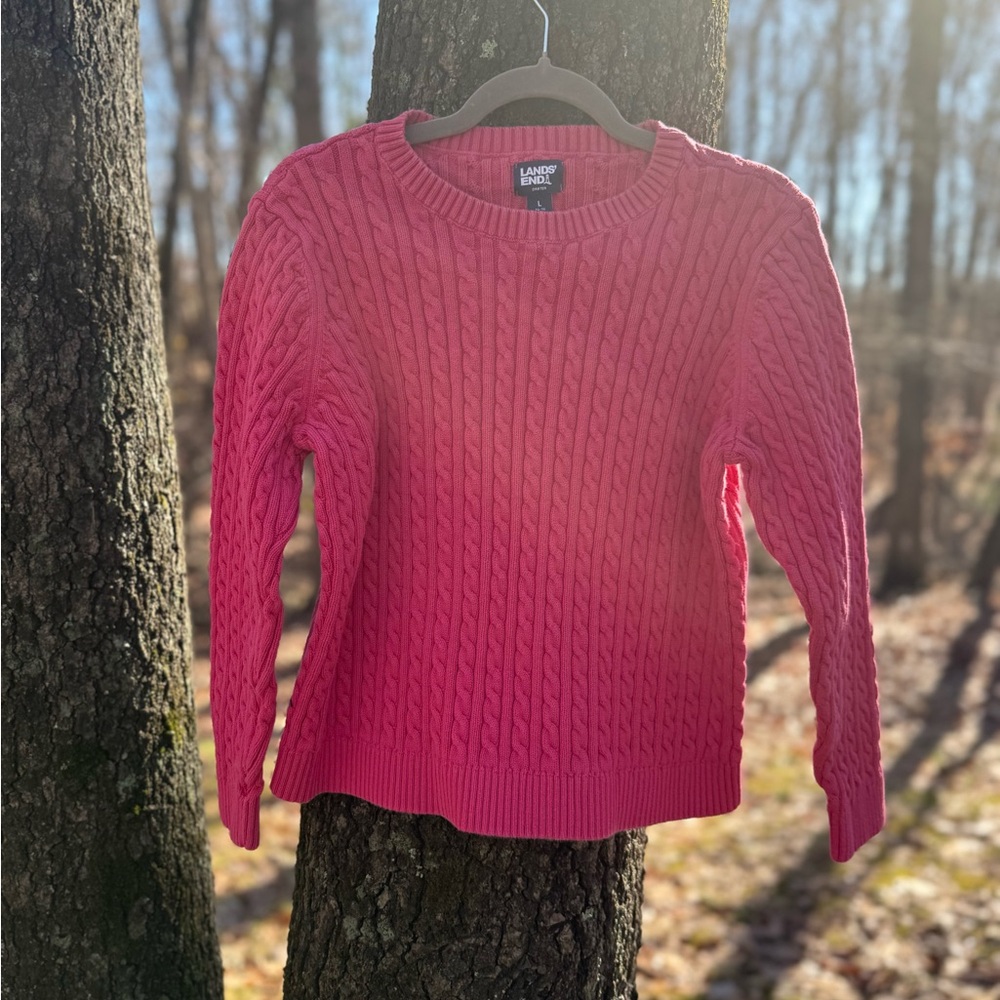 Vintage 100% Cotton Lands' End Women's  Pink Cable Knit Sweater Size L